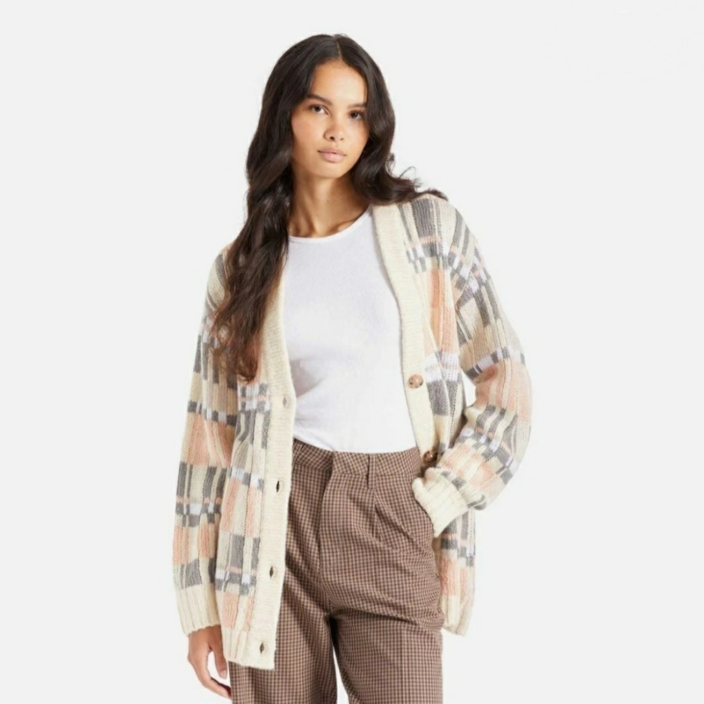 Brixton Ferriss Acrylic Knit Cardigan Oversized Cream Pink Gray Geometric